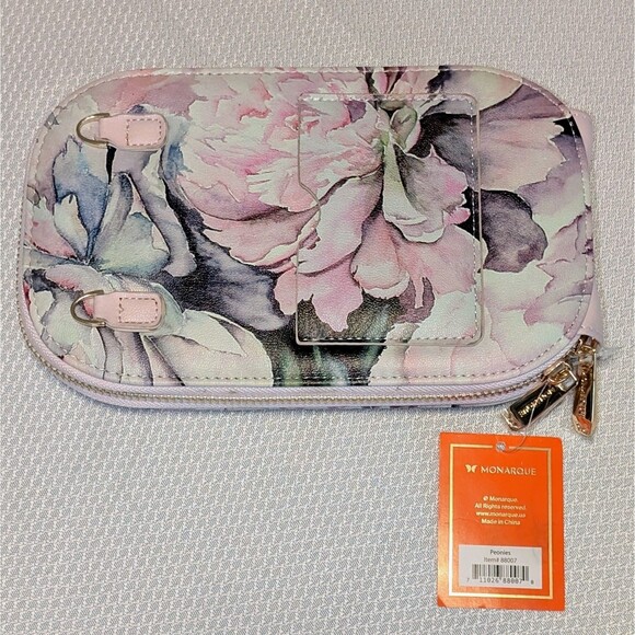 Monarque Pink Peonies Item #88007 Crossbody Wallet Purse NWT No Handle Strap - Picture 2 of 8